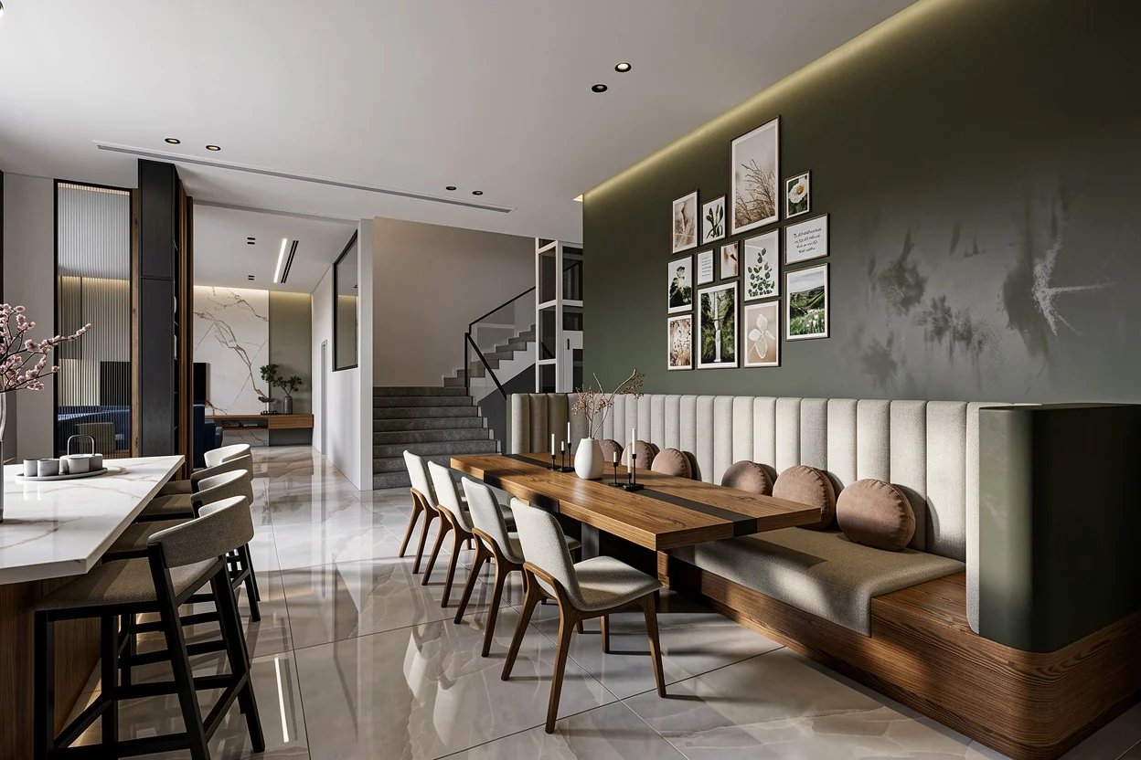 Turnkey interior fit-out by ESPI Interior: dining area with upholstered bench, wooden table, and gallery wall