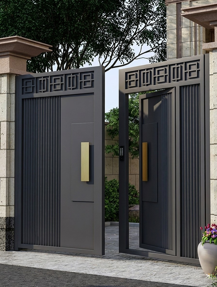 Steel fabrication by ESPI Interior — dark metal gate with gold handles and geometric panels