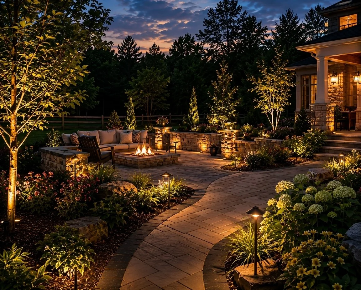 Landscaped backyard patio at twilight with stone fire pit, outdoor seating, and warm landscape lighting