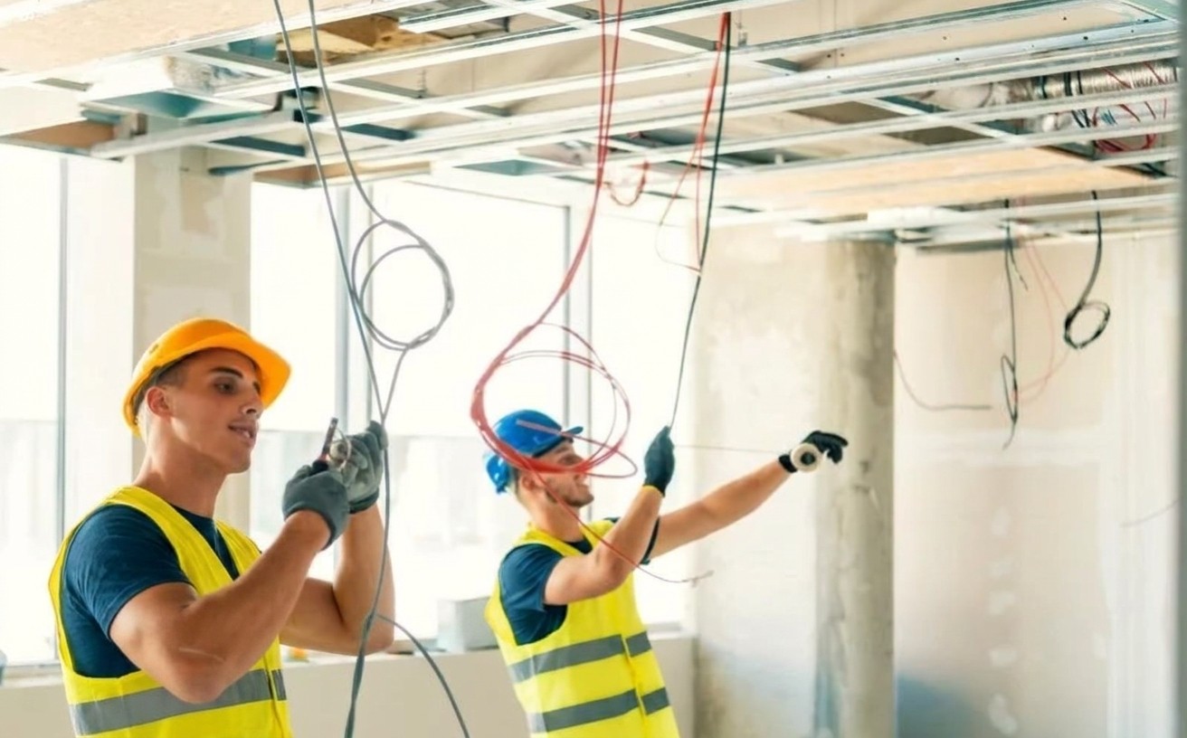 Construction workers in hard hats and safety vests installing electrical wiring on site