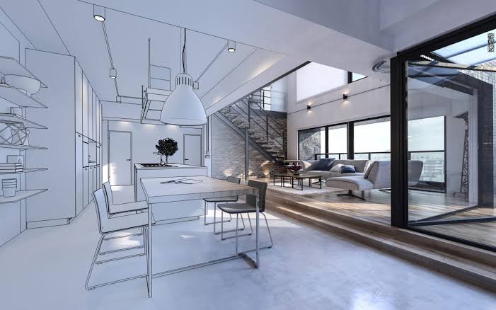 Architectural concept transitioning from wireframe to a completed modern interior