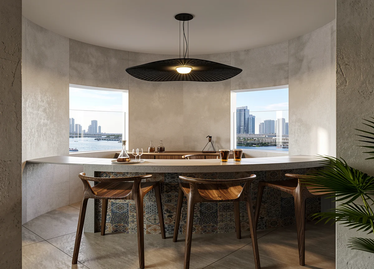 Jumeirah Palm Apartment — Open bar with Antique tile and micro cement wall finish