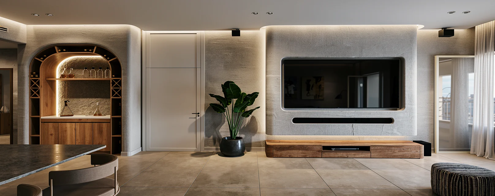 Jumeirah Palm Apartment — Full micro cement wall cladding with Tv unit and Mini bar
